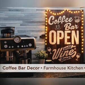 Coffee Bar Sign LED Canvas Wall Art “Coffee Bar Open Until Wine Time” Decor -New